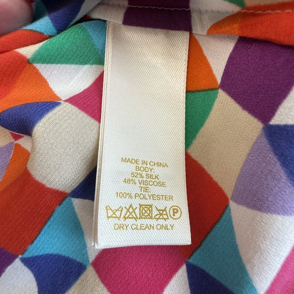 Kate‎ Spade Selena Silk Blouse XS Geometric Diamond Print High Neck Bow Tie Back